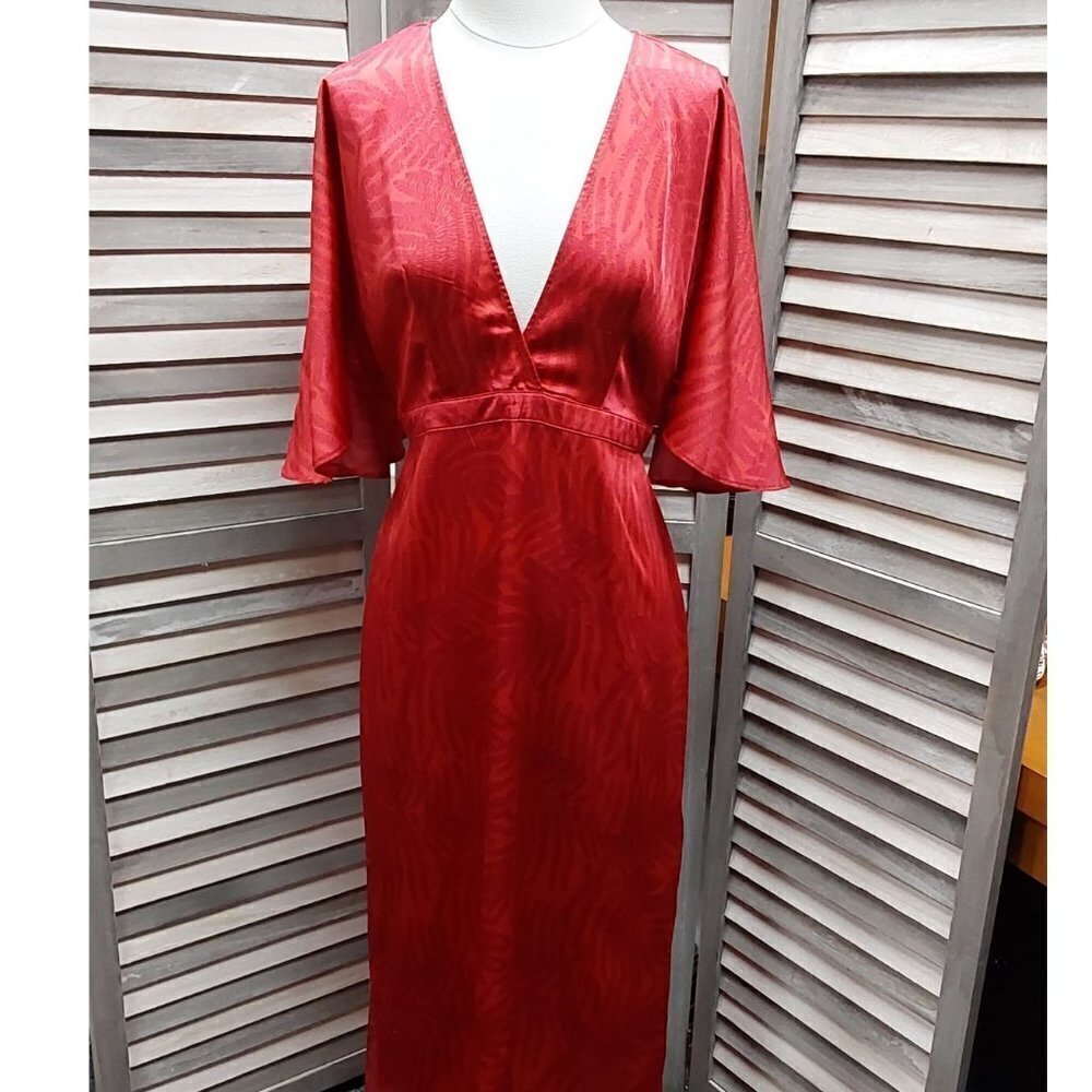 Palm Leaf Contrast Print Exaggerated Flutter Sleeve Maxi Dress | Fe Noel | 6